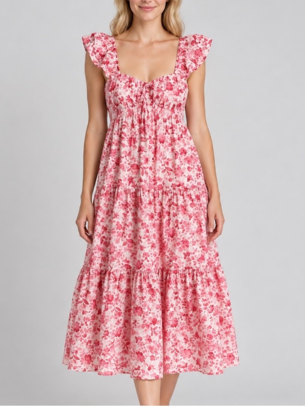 Abercrombie & Fitch Pink Red Floral Smocked Back Tiered Midi Dress M 57353